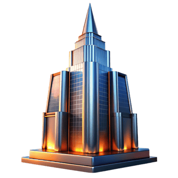 elegant modern Art Deco skyscraper, chrome and glass, sharp lines, volumetric lighting, sunset orange and deep blue hues, highly polished surfaces professional png