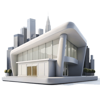 impressive abstract Modern art museum, sleek white concrete, large glass windows, city skyline backdrop, contemporary, exclusive png