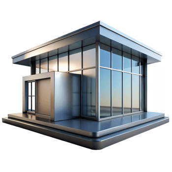 dramatic modern A minimalist glass and steel house, clean lines, reflective surfaces, bright daylight, modern style exclusive png