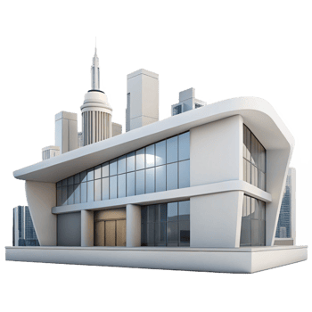 impressive artistic Modern art museum, sleek white concrete, large glass windows, city skyline backdrop, contemporary, high quality png