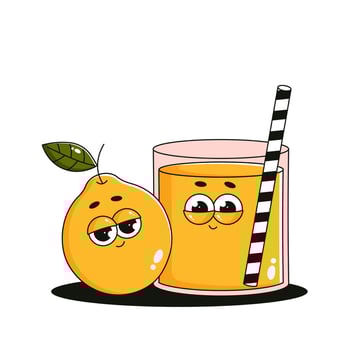 Funky character glass of juice and lemon. Comic mascot with happy smile face. Retro groovy fruit and cocktail. Summer isolated illustration vector