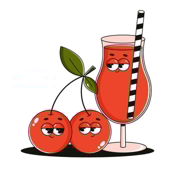 Funky character glass of juice and cherry. Comic mascot with happy smile face. Retro groovy fruit, berries and cocktail. Summer isolated illustration vector