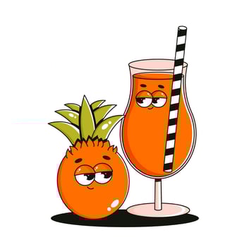 Funky character glass of juice and pineapple. Comic mascot with happy smile face. Retro groovy tropical fruit and cocktail. Summer isolated illustration vector