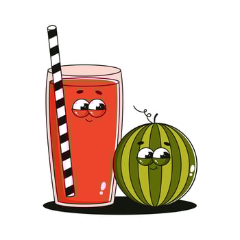 Funky character glass of juice and watermelon. Comic mascot with happy smile face. Retro groovy fruit, big berry and cocktail. Summer isolated illustration vector