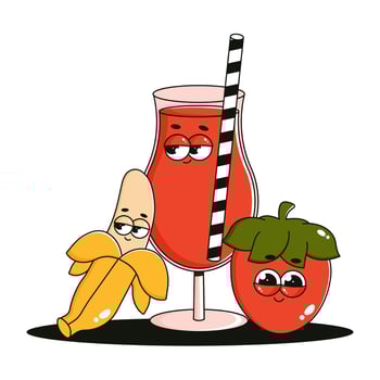 Funky character glass of juice, strawberry, banana. Comic mascot with happy smile face. Retro groovy fruits and cocktail. Summer isolated illustration vector