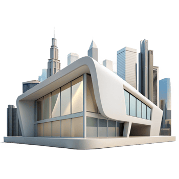 impressive contemporary Modern art museum, sleek white concrete, large glass windows, city skyline backdrop, contemporary, authentic png