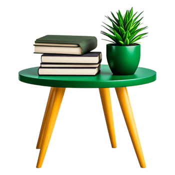 Green Round Table with Books and Potted Plant in Modern Style png