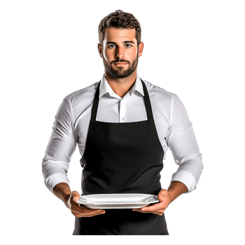 Handsome waiter presenting empty plate in formal attire, isolated png