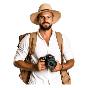 Young male photographer in casual attire holding camera outdoors png