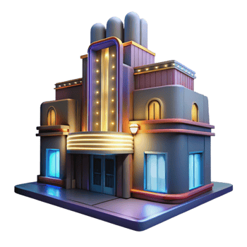 extraordinary abstract A towering Art Deco cinema, neon marquee lights, rainy night, film noir style high resolution png