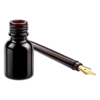 Black Ink Bottle and Fountain Pen on Isolated Background png