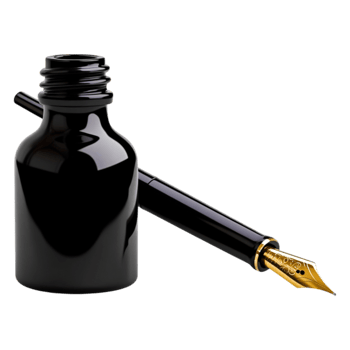 Elegant Black Ink Bottle with Fountain Pen Isolated on png