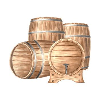 Wooden barrels, casks for rum. Keg for wine, whiskey or beer, with iron hoops. Hand drawn watercolor illustration isolated. Oak containers for alcoholic drink. Clipart for food industry design, print. png