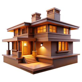 stunning contemporary A hyperrealistic rendering of a Frank Lloyd Wright house, warm interior lighting, prairie style 4K png