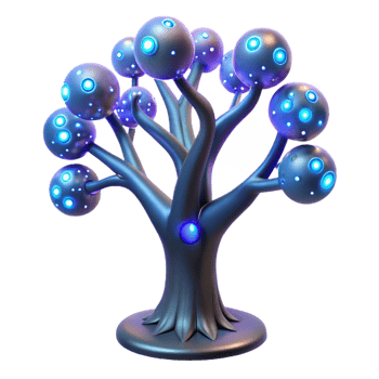 vibrant minimalist A bioluminescent tree with glowing circuitry embedded in its branches, fantasy style, ethereal lighting original png