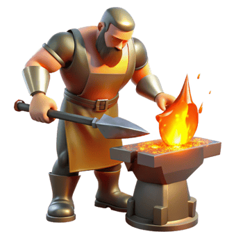 impressive vintage A powerful Hephaestus forging a weapon, fiery orange light, industrial style genuine png