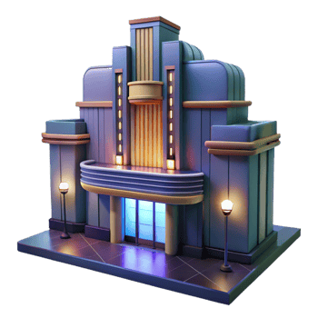 dramatic minimalist A towering Art Deco cinema, neon marquee lights, rainy night, film noir style detailed png