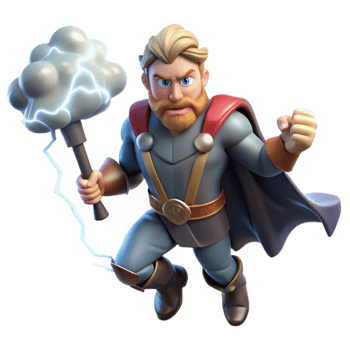extraordinary traditional Thor summoning lightning with Mjolnir, thunderclouds swirling in the sky, rendered in a dramatic cinematic style detailed png