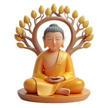 serene creative A serene Buddha meditating beneath the Bodhi tree, bathed in soft golden light, traditional Asian painting style authentic png