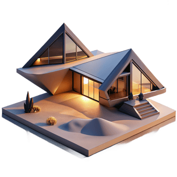 wonderful modern Ultramodern desert villa, sharp angles, reflective surfaces, sunset lighting, minimalist style, drone shot perspective, genuine png