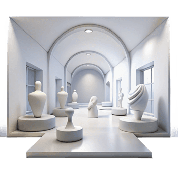 elegant artistic A modern art museum with sleek white walls and minimalist sculptures, bright natural light high resolution png