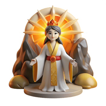 dramatic creative The Japanese sun goddess Amaterasu emerging from a cave, radiating blinding light and warmth, Ukiyo-e style, bright lighting, high quality png