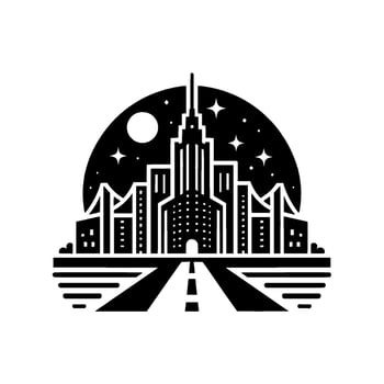 Abstract monochrome cityscape silhouette depicting road leading to a towering building under a starry, moonlit night sky, simple geometric style. vector