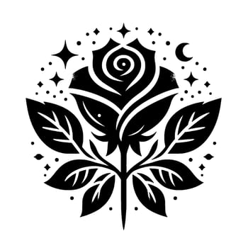 Black and white floral illustration of a stylized rose, surrounded by stars, dots, and a crescent moon, creating an elegant, celestial . vector
