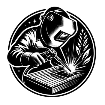 Black and White Welding Emblem A Welder in Protective Gear, Sparking Over Metal, Surrounded by Stars and Leaves. vector