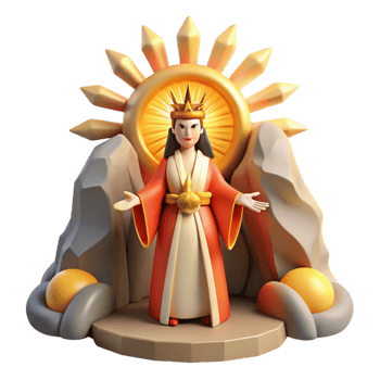 wonderful vintage The Japanese sun goddess Amaterasu emerging from a cave, radiating blinding light and warmth, Ukiyo-e style, bright lighting, high quality png