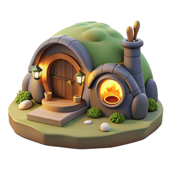 elegant artistic A cozy hobbit hole built into a hillside, warm firelight, inviting, storybook illustration style, exclusive png