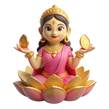 vibrant minimalist A graceful Hindu goddess Lakshmi, seated on a lotus flower, holding golden coins, traditional Indian miniature painting style, soft lighting, original png