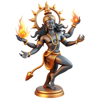 serene classic A fierce Hindu god Shiva, dancing the Tandava, surrounded by flames, traditional Indian bronze sculpture style, dramatic lighting, premium png