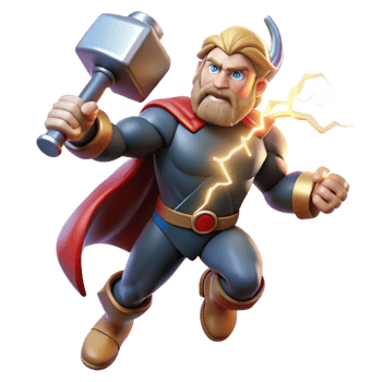 magnificent abstract Thor, wielding Mjolnir, summoning a lightning storm, dynamic composition, comic book style exclusive png