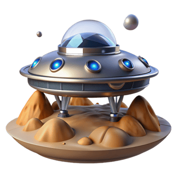 magnificent minimalist A futuristic spaceship landing on a desolate alien planet, sleek and metallic design, illuminated by the ship's engines and the alien landscape genuine png