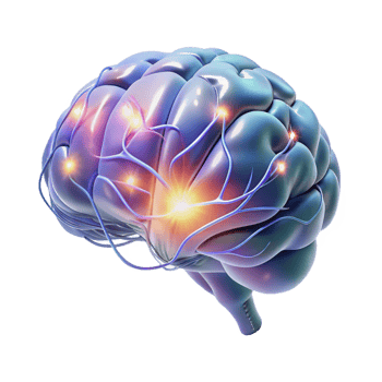 serene modern A holographic projection of a human brain, neural pathways firing and glowing, lit by an internal light high quality png