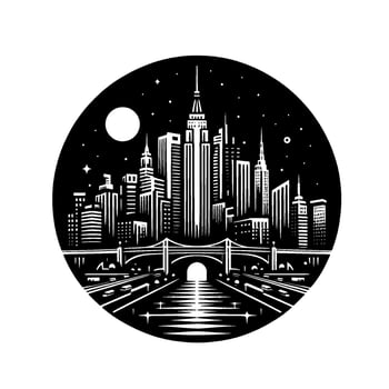 Silhouetted Manhattan skyline at night, encircled, bridge and highway under skyscrapers, moon and stars in black circle, retro style. vector