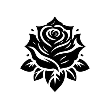 Bold Black and White Illustration of a Stylized Rose with Sharp Petals and Leafy Base, Against White Background vector