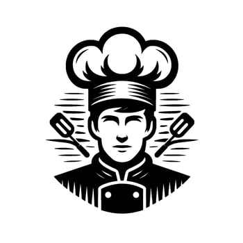 Monochrome Chef Frontal view of a skilled chef, encircled, featuring a classic toque and spatulas, embodying culinary expertise. vector