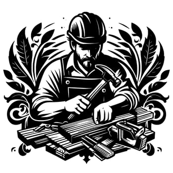 Black and White Art of a Carpenter with Hammer and Wood, Surrounded by Decorative Leaf vector