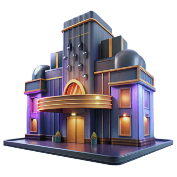 beautiful artistic A towering Art Deco cinema, neon marquee lights, rainy night, film noir style professional png