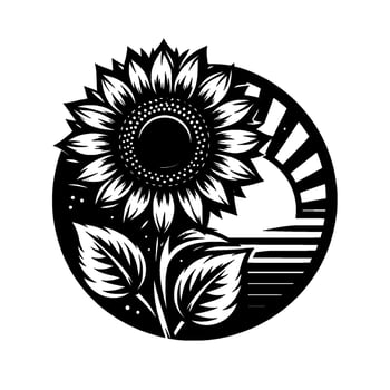 Black White Sunflower Silhouette in Circle, Rising SunHorizon , NatureInspired, Floral Art, Modern Aesthetic. vector