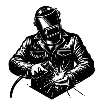 Bold Black White Image of a Welder in Protective Gear with Bright Sparks and an Angled Composition vector