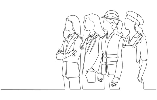 Continuous one line drawing of Women in various professions standing side by side, international women's day, single line art vector