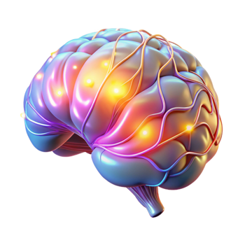 magnificent minimalist A holographic projection of a human brain, neural pathways firing and glowing, lit by an internal light authentic png