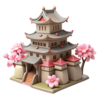 dramatic classic A traditional Japanese castle, cherry blossoms in the foreground, soft pink and white hues, ukiyo-e style, high resolution png