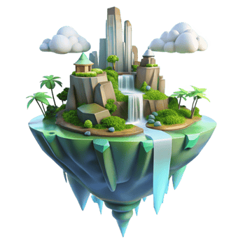 wonderful rustic Floating island city, lush greenery, waterfalls, ethereal light, fantasy, premium png