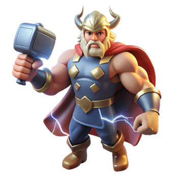 serene contemporary The Norse god Thor summoning lightning with Mjolnir, his hammer, muscles bulging with power, comic book style, dramatic lighting, 4K png