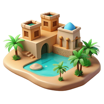 dramatic modern A desert oasis, adobe buildings, shimmering heat haze, vibrant turquoise water, peaceful, serene style 4K png