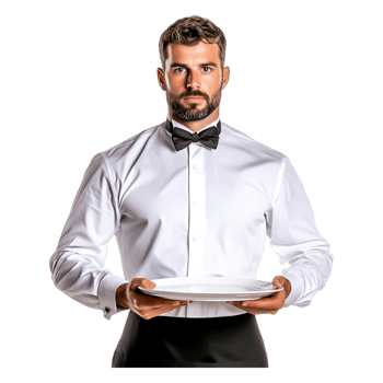 Elegant Male Waiter Holding Empty Plate in Formal Attire png